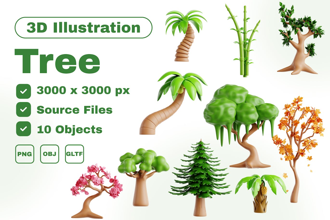 多种树木 3D 图标集 (PNG,OBJ)