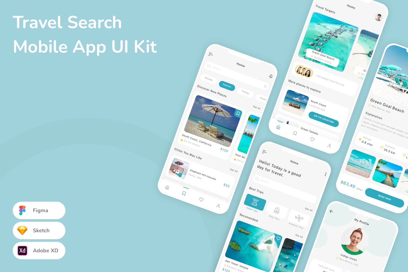 旅游搜索移动应用 App UI Kit (SKETCH,FIG,XD)