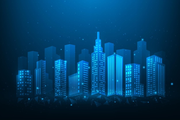 蓝色背景下的智能城市技术数字全球社交网络建设概念图
