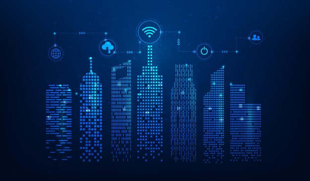 智能城市技术 蓝色背景上的数字网络连接 物联网技术