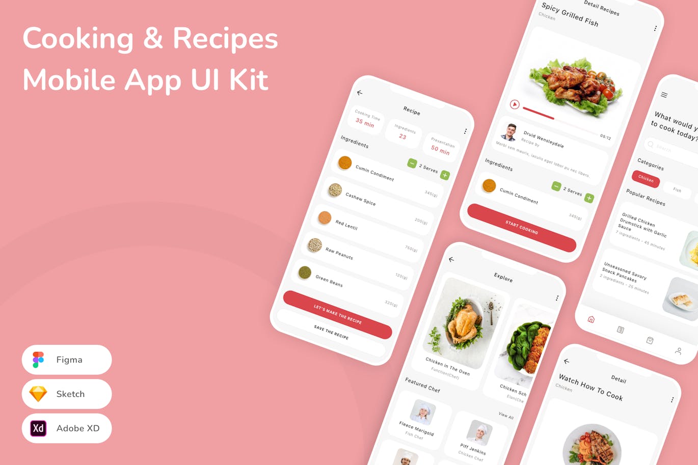 烹饪和食谱移动应用App UI Kit (SKETCH,FIG,XD)