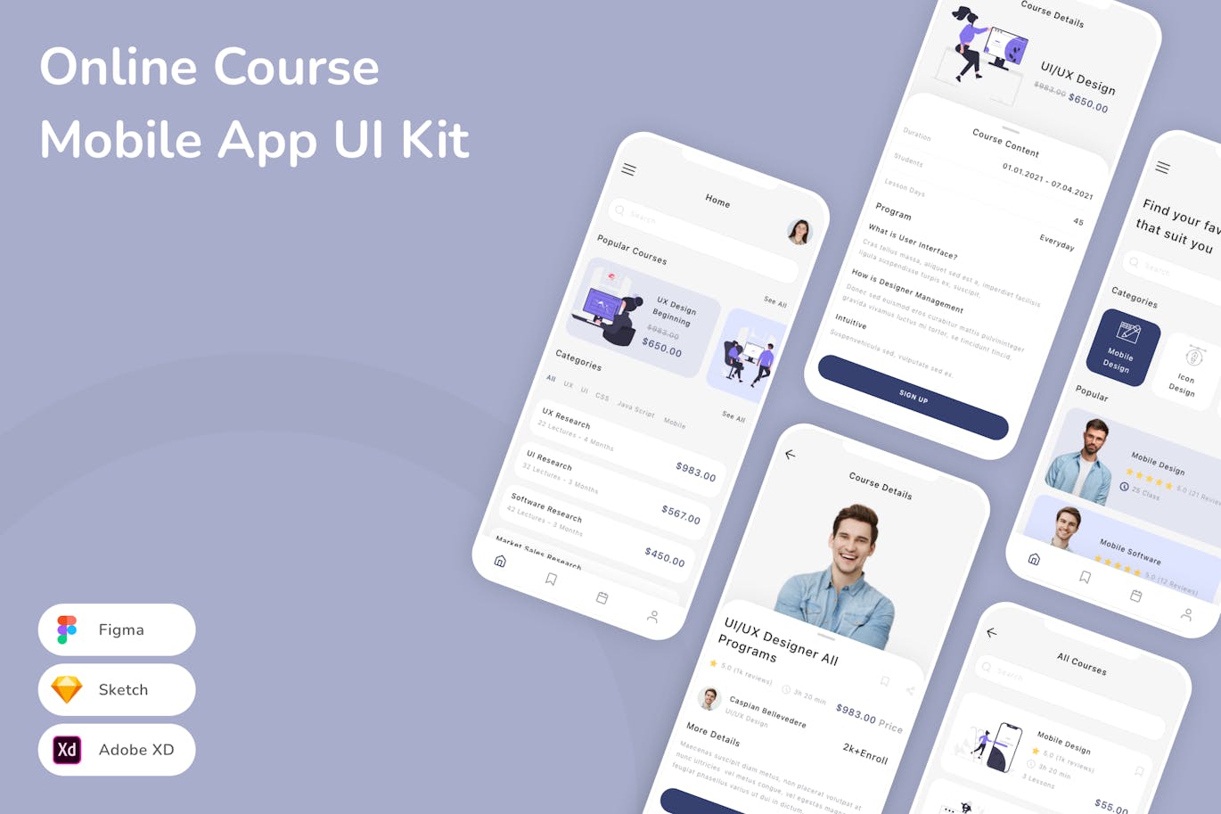 在线课程移动应用  App UI Kit (SKETCH,FIG,XD)