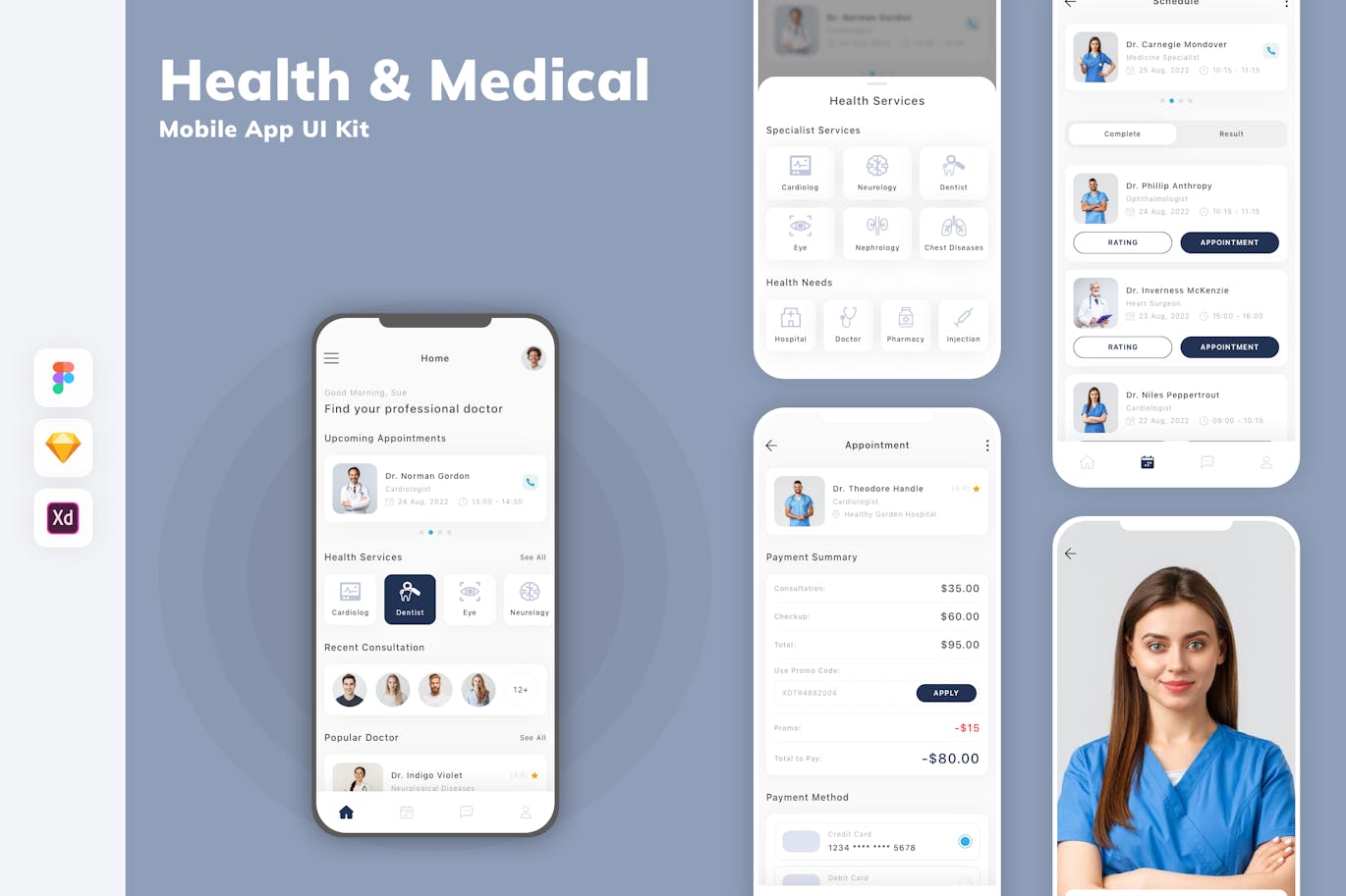 健康与医疗移动应用App Ui Kit (SKETCH,FIG,XD)