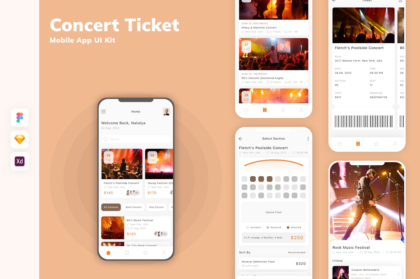 音乐会门票移动应用 App UI Kit (SKETCH,FIG,XD)