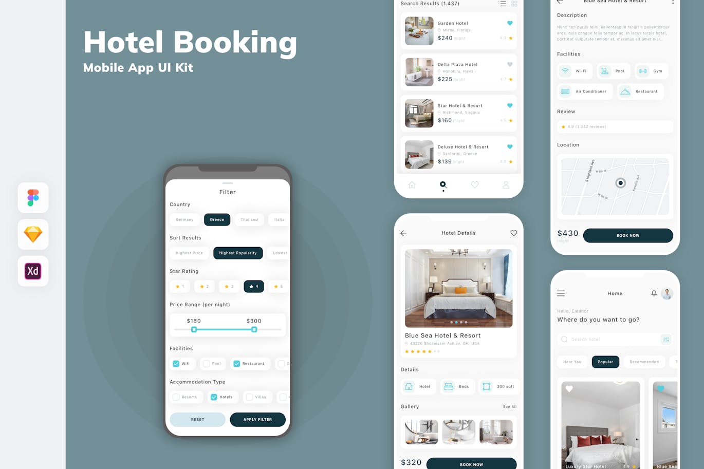 酒店预订移动应用App UI Kit (SKETCH,FIG,XD)