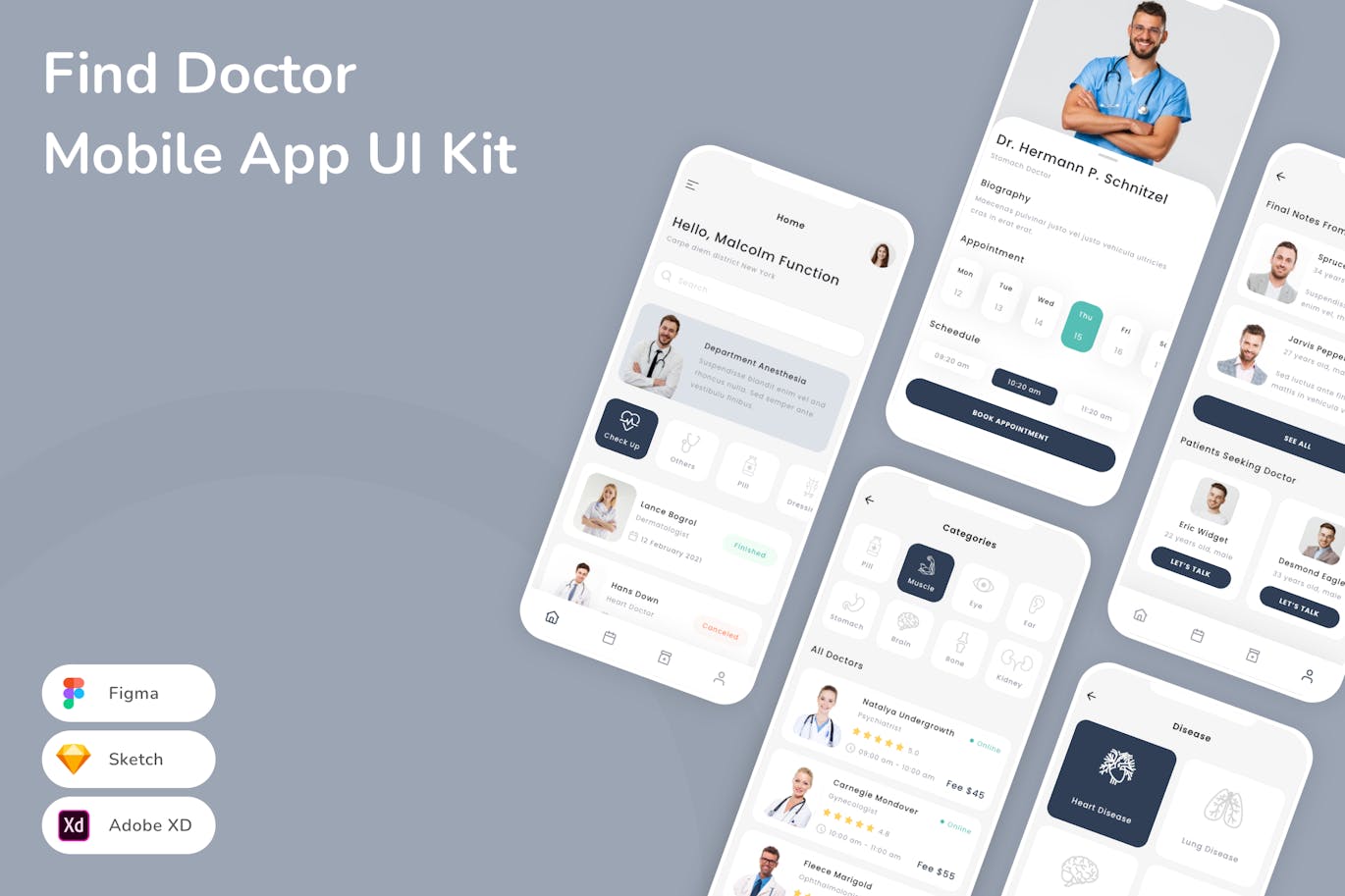 查找医生移动应用App UI Kit (SKETCH,FIG,XD)
