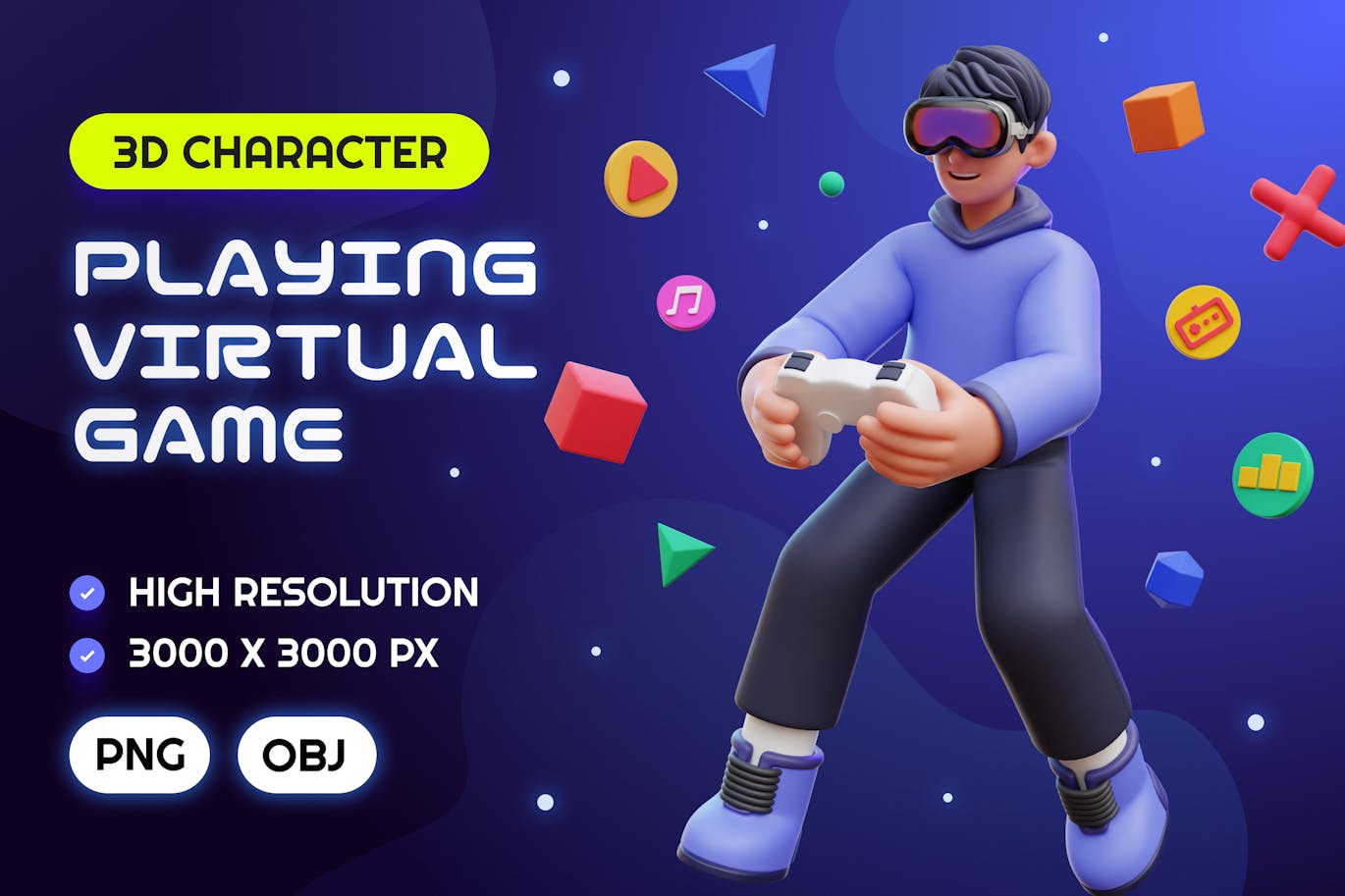 男子玩虚拟游戏 3D 插图 (PNG,OBJ)