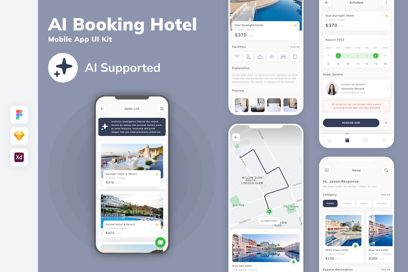 AI预订酒店移动应用App UI Kit (SKETCH,FIG,XD)