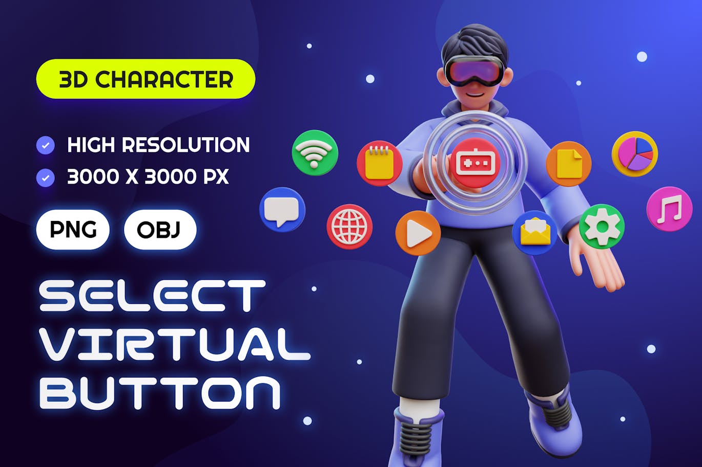 男子VR按钮 3D 插图 (PNG,OBJ)