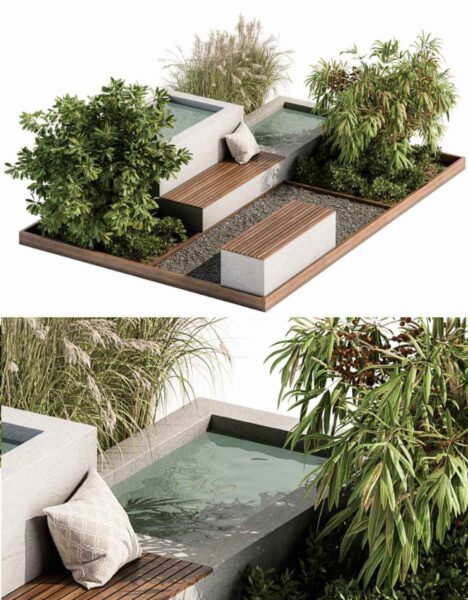 包含水池 观赏草丛 浆果植物灌木 鹅卵石和长凳的花园景观3D模型（OBJ,MAX）