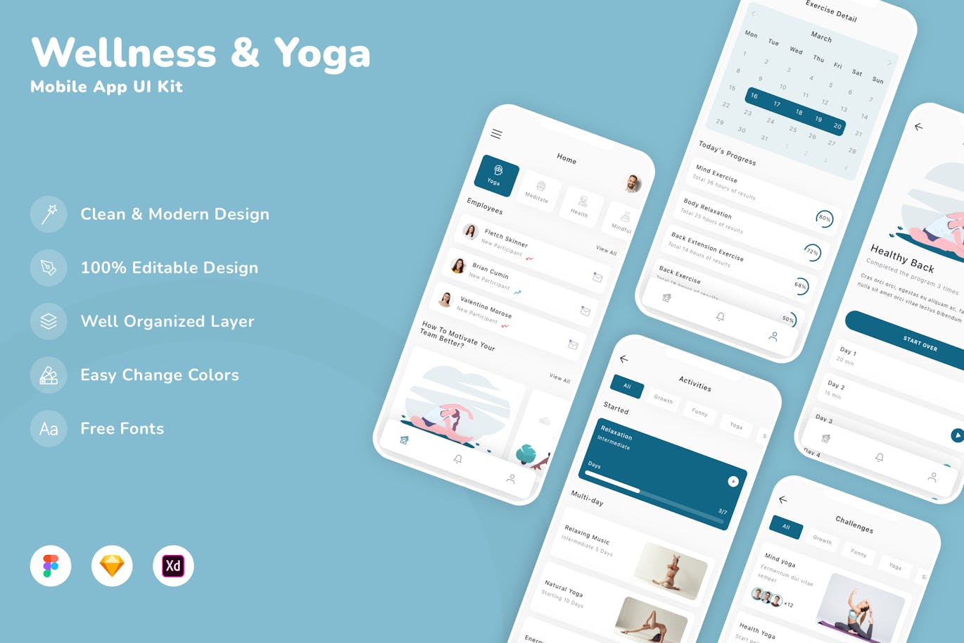 健康与瑜伽移动应用 App UI Kit (SKETCH,FIG,XD)