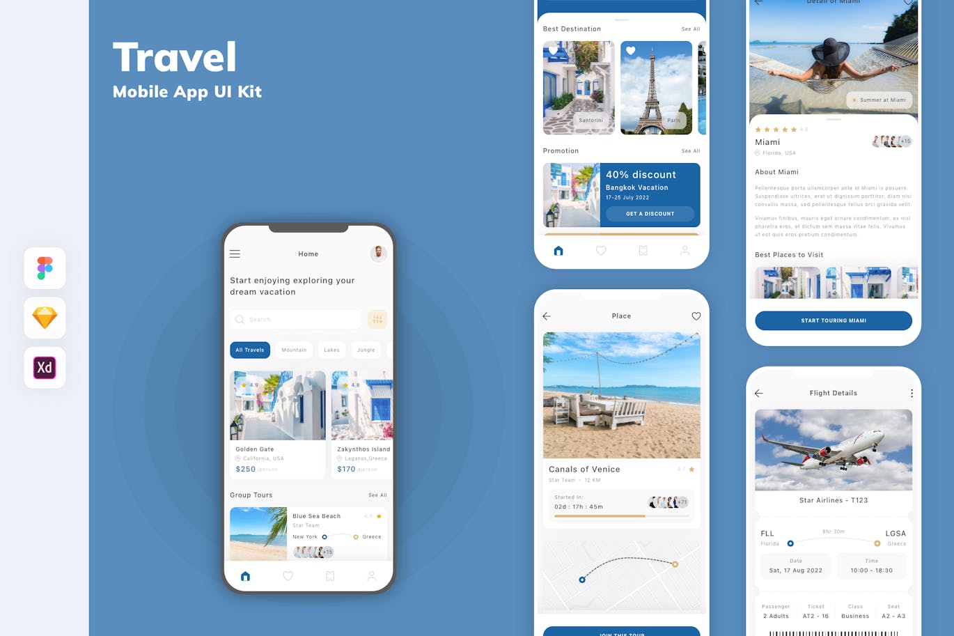 旅游移动应用App UI Kit (SKETCH,FIG,XD)