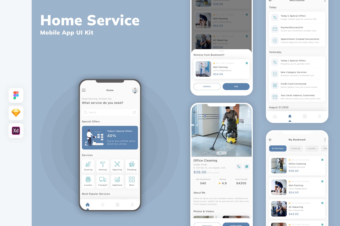 家庭服务移动应用 App UI Kit (SKETCH,FIG,XD)