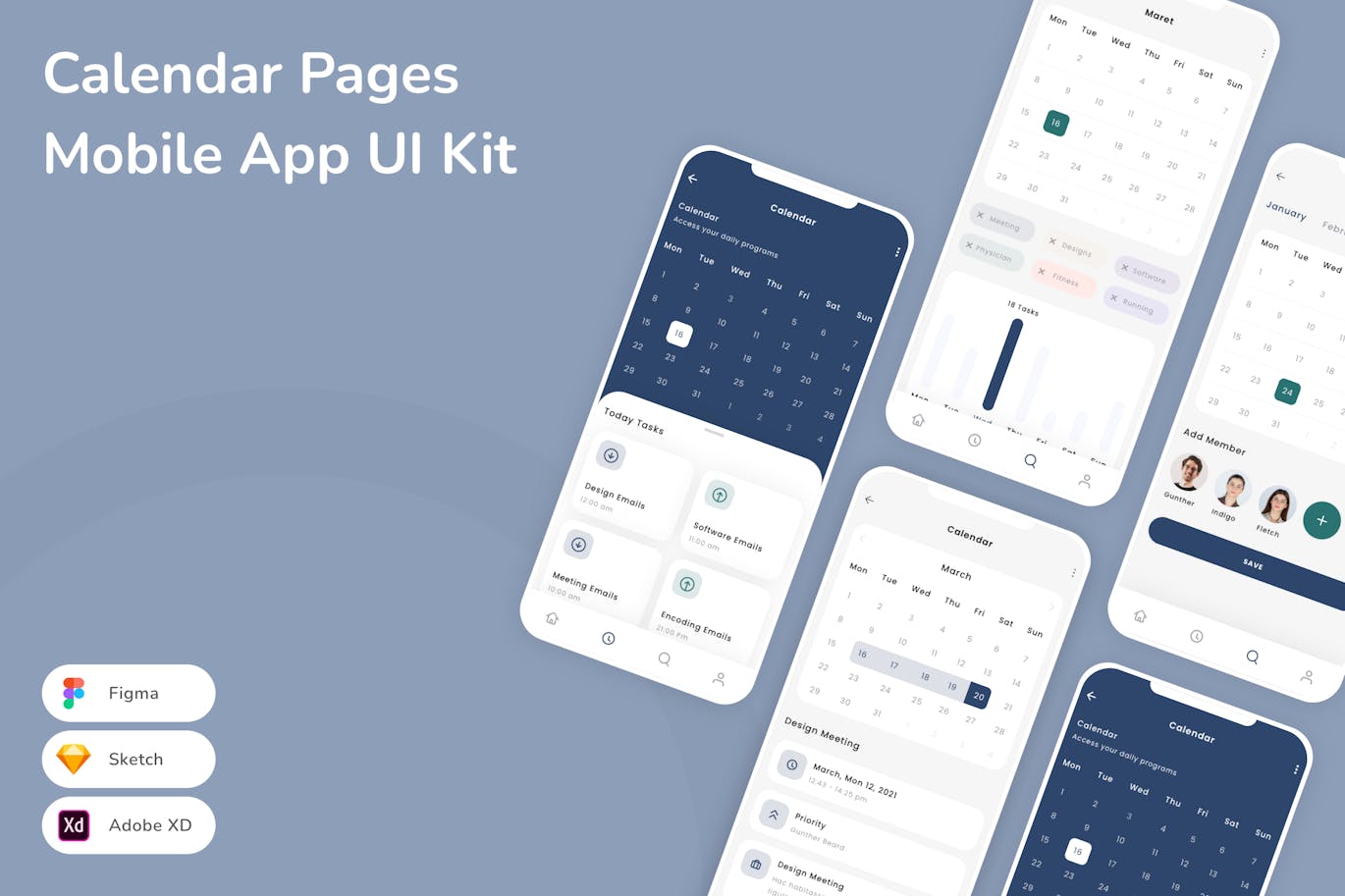日历页面移动应用App UI Kit (SKETCH,FIG,XD)