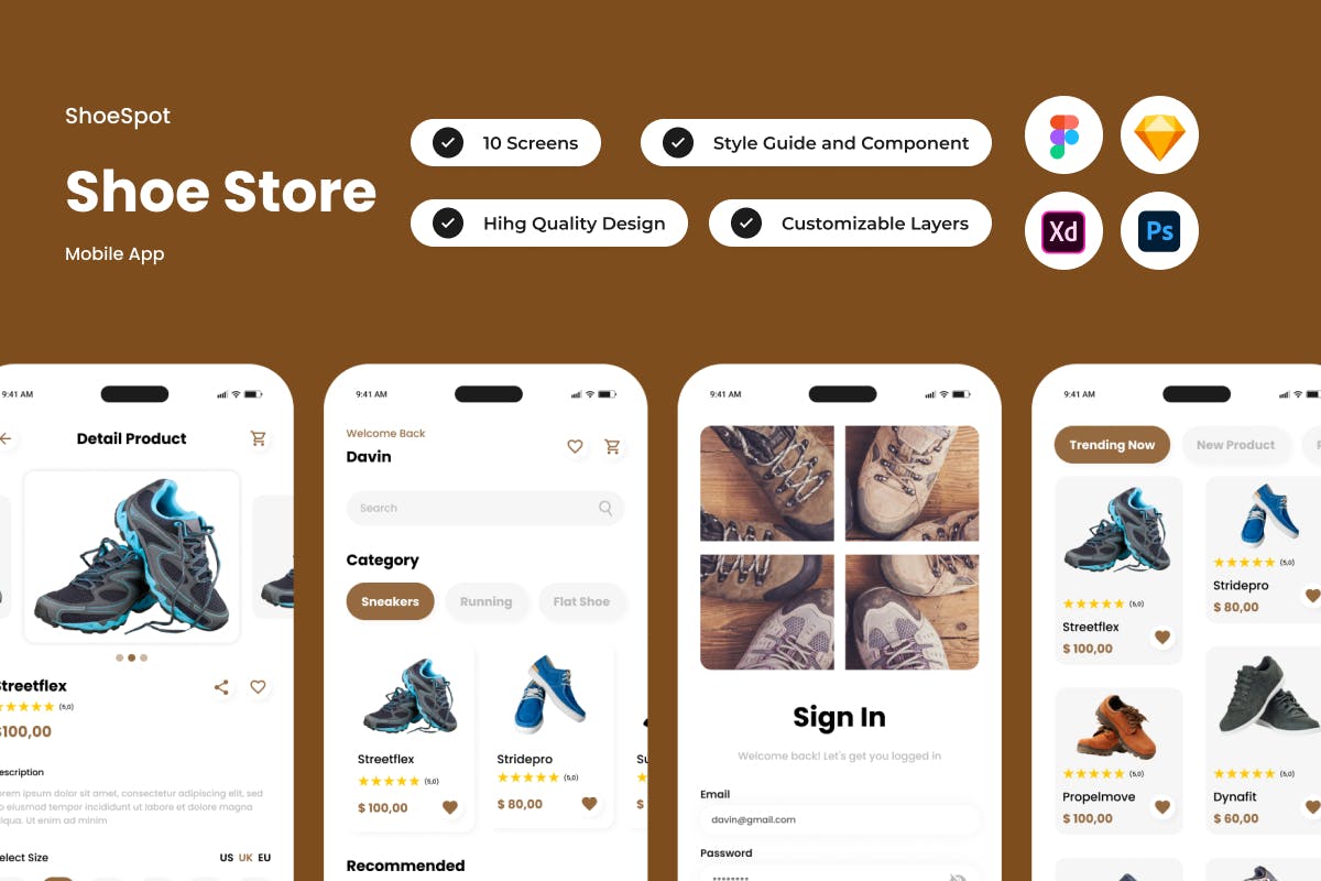 鞋店移动应用App UI Kit (FIG,SKETCH,PSD,XD)