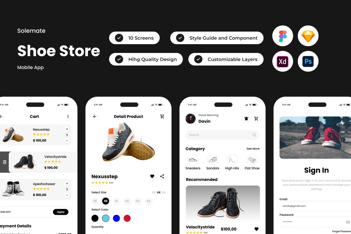 鞋店移动应用App UI Kit (FIG,PSD,SKETCH,XD)