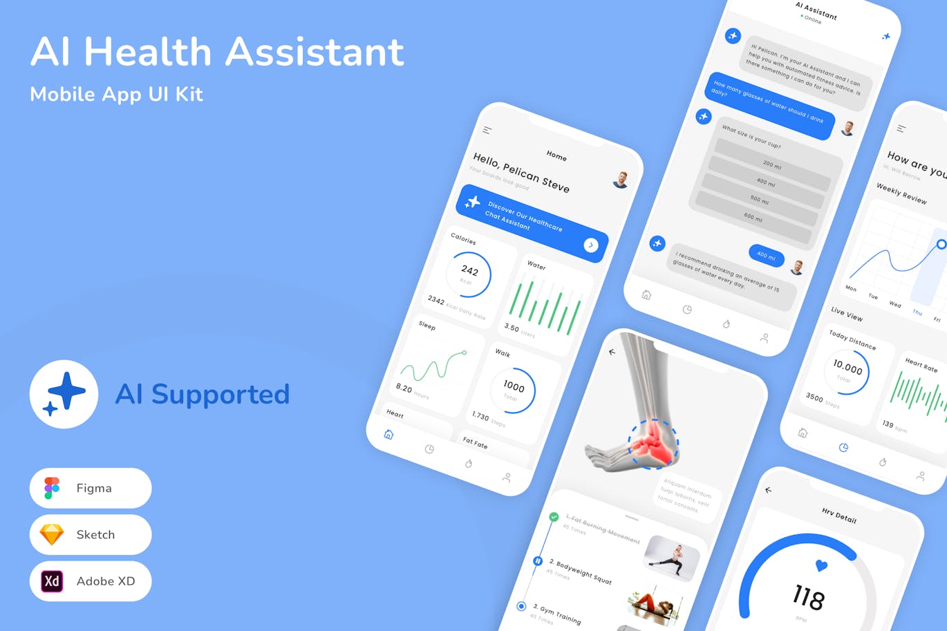 AI健康助手移动应用App UI Kit (SKETCH,FIG,XD)