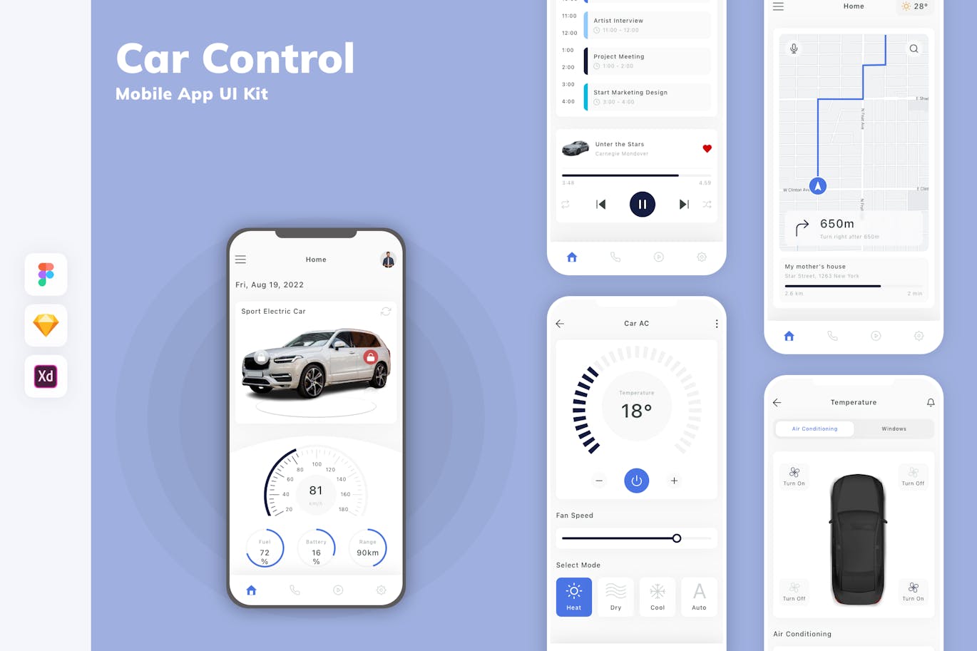 汽车控制移动应用App Ui Kit (SKETCH,FIG,XD)