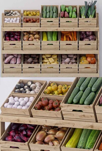 摆满番茄 土豆 南瓜 大葱等蔬菜食物的货架3D模型（FBX,MAX）