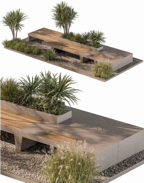带长凳和石子地面的绿植花坛3D模型（OBJ,MAX）