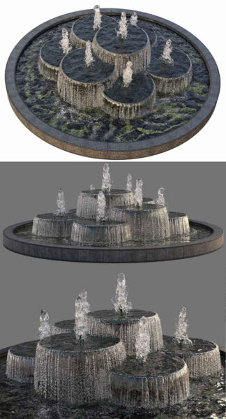 带喷泉的圆形池塘 景观3D模型（OBJ,MAX）