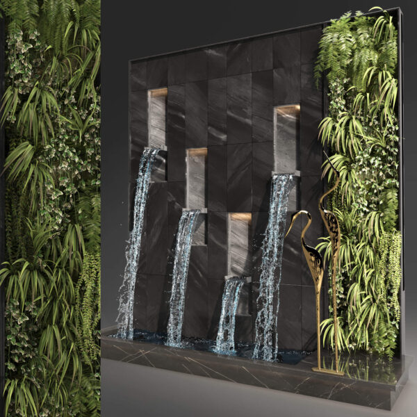 包含瀑布 绿植和鸟雕像的花园景观3D模型（FBX,MAX）