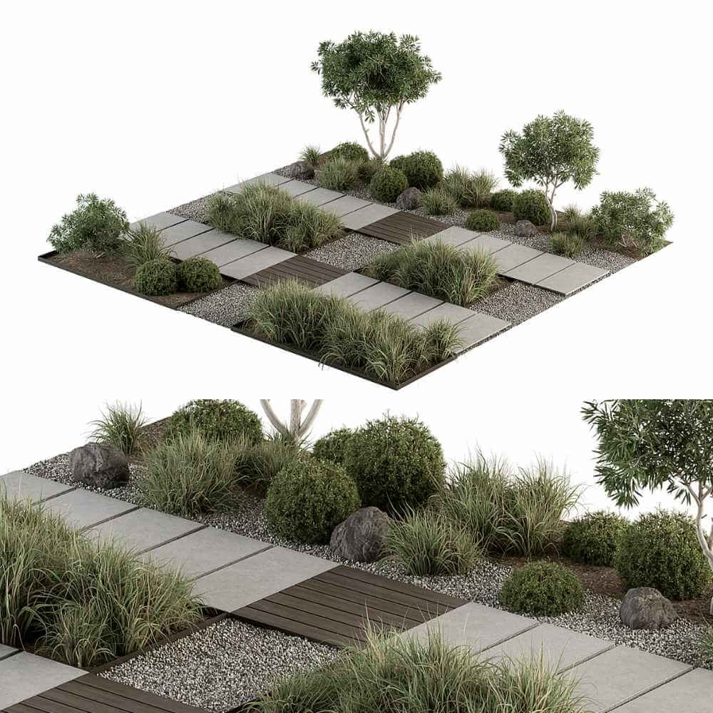包含绿植 鹅卵石 石板路的花园庭院设计3D模型（OBJ,MAX）