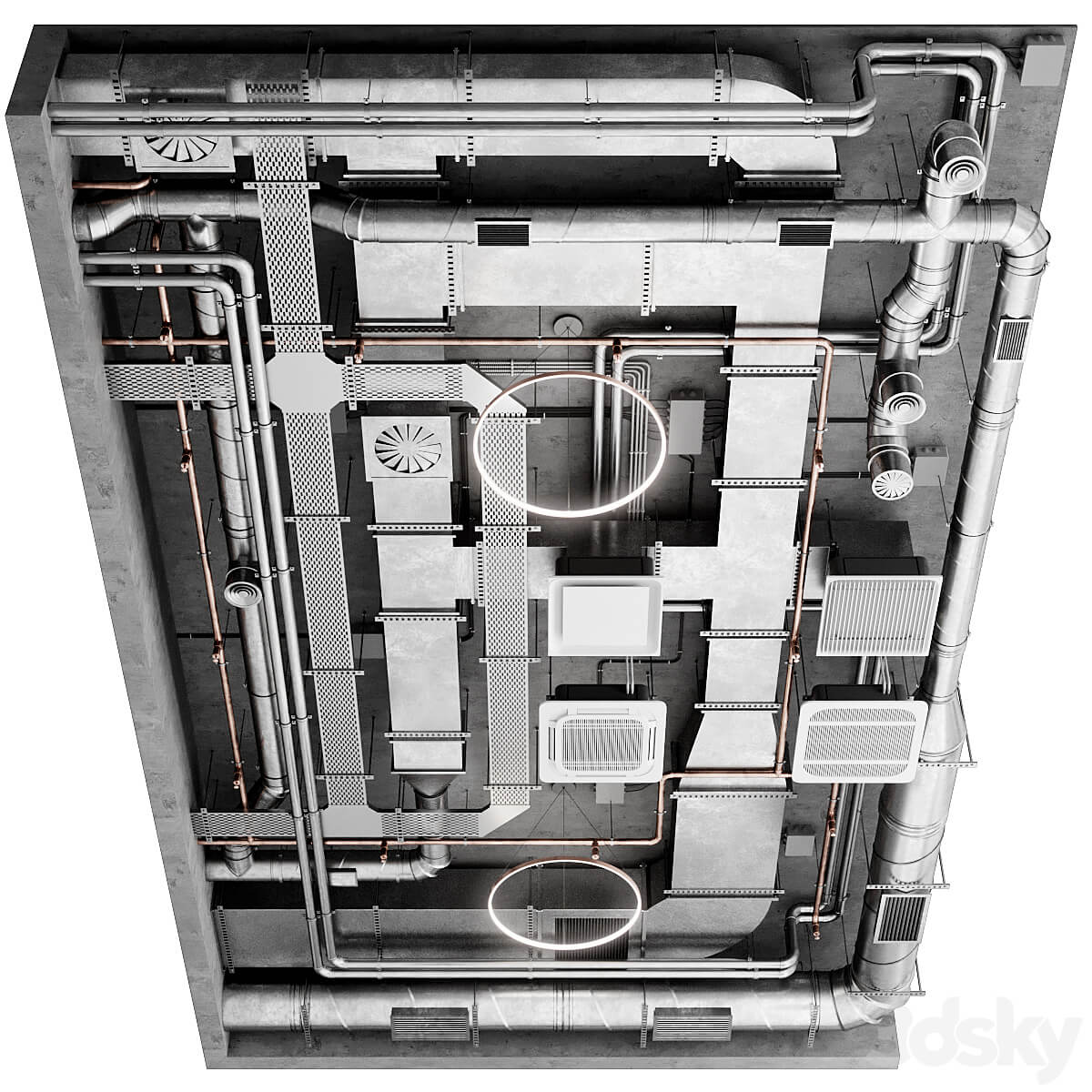 包含照明和通风管道的工业屋顶系统3D模型（FBX,MAX）
