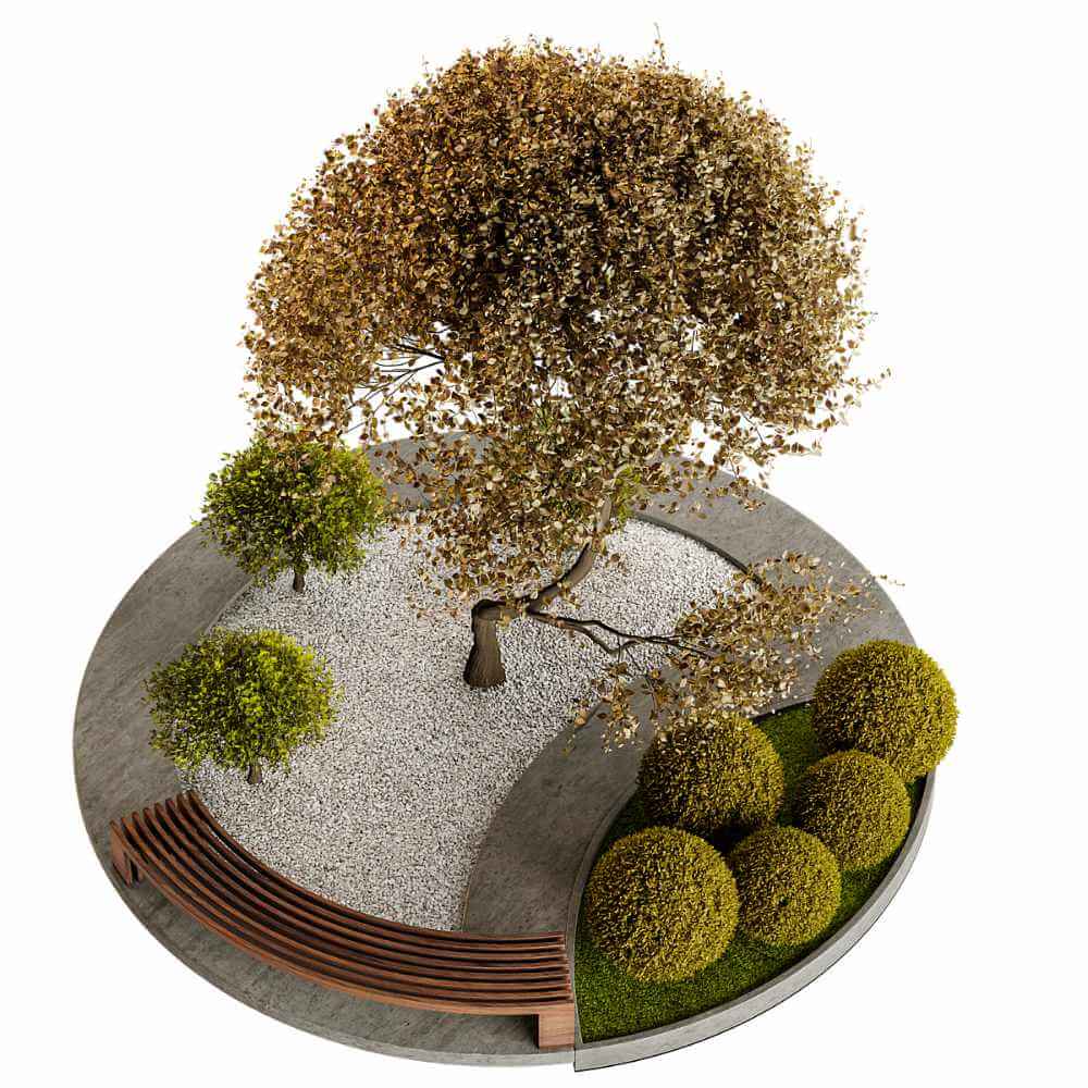 包含鹅卵石地面 弧形长凳的圆形户外植物花坛 花园景观3D模型（OBJ,MAX）