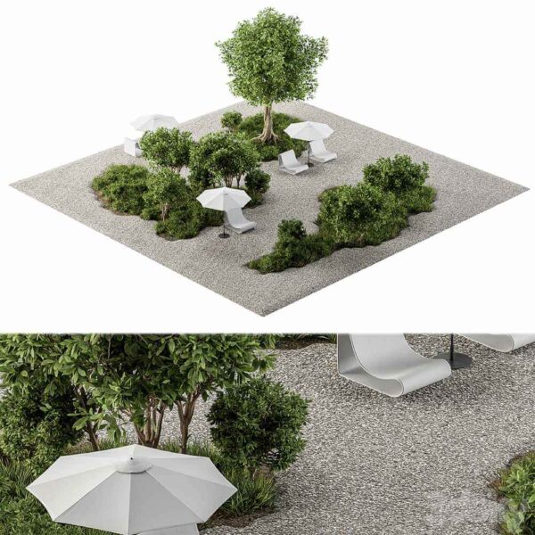 包含绿植 石子地 遮阳伞和户外椅子的城市花园3D模型（OBJ,MAX）