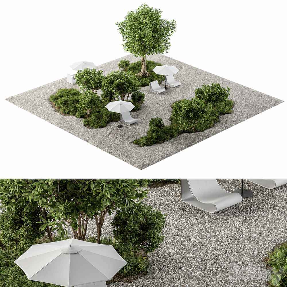包含绿植 石子地 遮阳伞和户外椅子的城市花园3D模型（OBJ,MAX）
