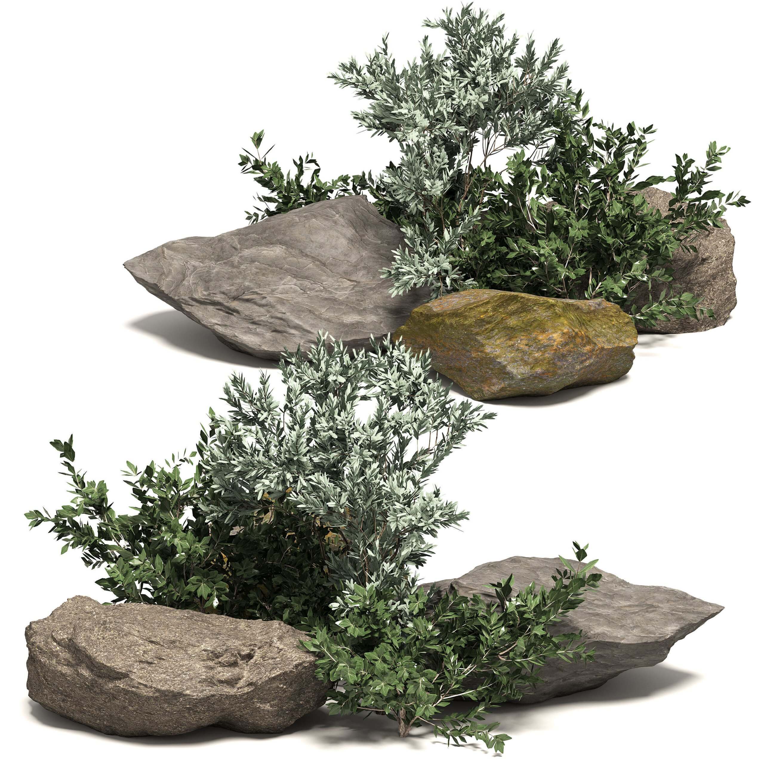 岩石和绿植组合 花园景观3D模型（OBJ,MAX）