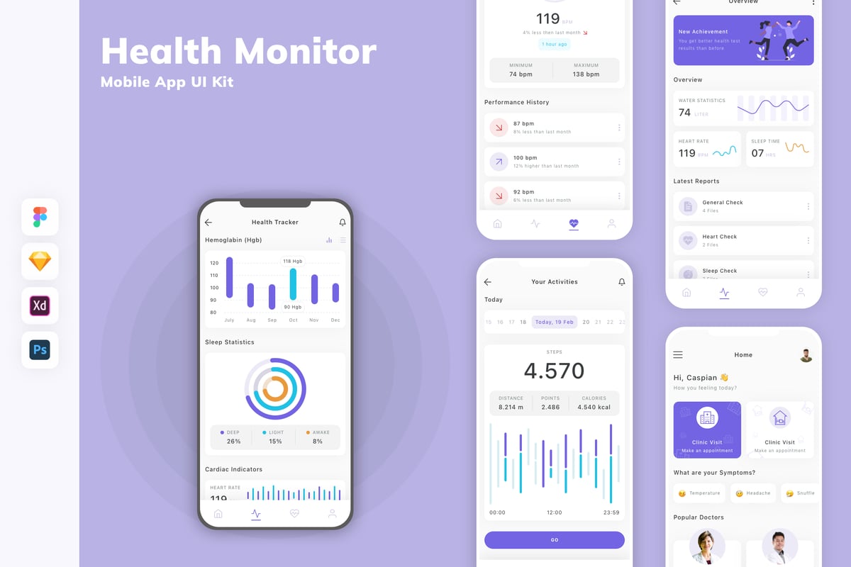 健康监测移动应用APP UI KIT (SKETCH,FIG,XD,PSD)
