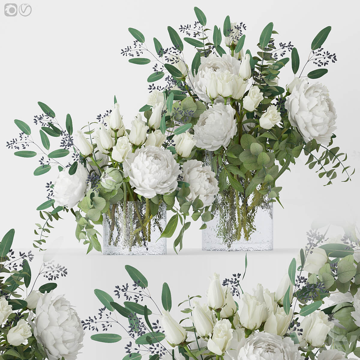 玻璃瓶中的玫瑰和牡丹花束3D模型（OBJ,FBX,MAX）