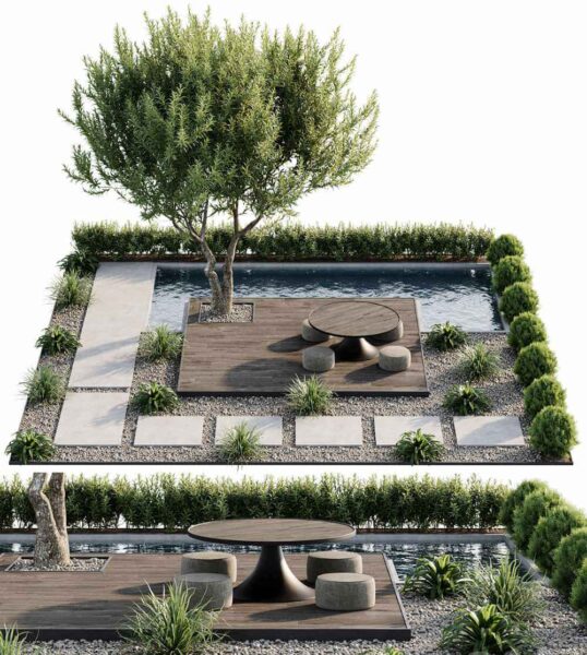 包含绿植 水池 石板路 户外桌椅的城市花园景观3D模型（OBJ,MAX）