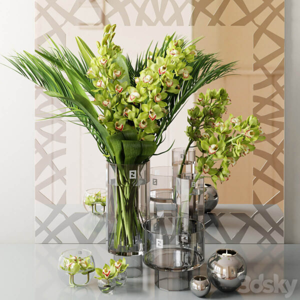 玻璃瓶中的兰花花束和烛台等装饰组合3D模型（FBX,MAX）