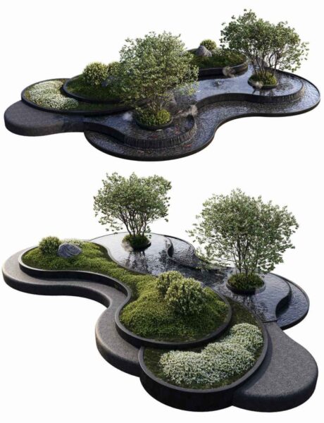 包含绿植 喷泉 水池和鱼的花园景观 园林景观3D模型（OBJ,MAX）