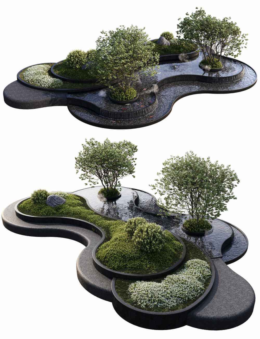 包含绿植 喷泉 水池和鱼的花园景观 园林景观3D模型（OBJ,MAX）