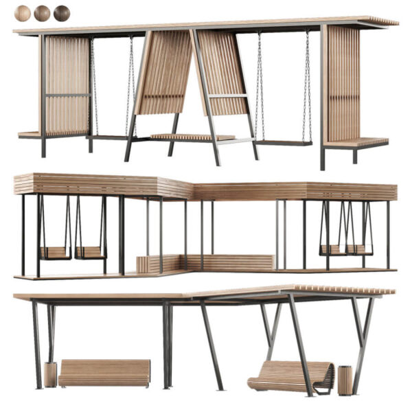 带秋千和长凳的户外凉亭3D模型（OBJ,MAX）