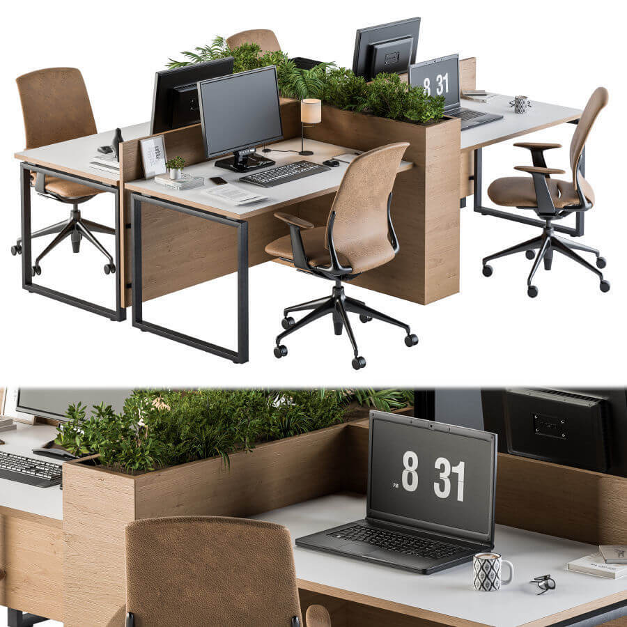 带绿植的4人座办公桌椅 办公室家具3D模型（OBJ,MAX）