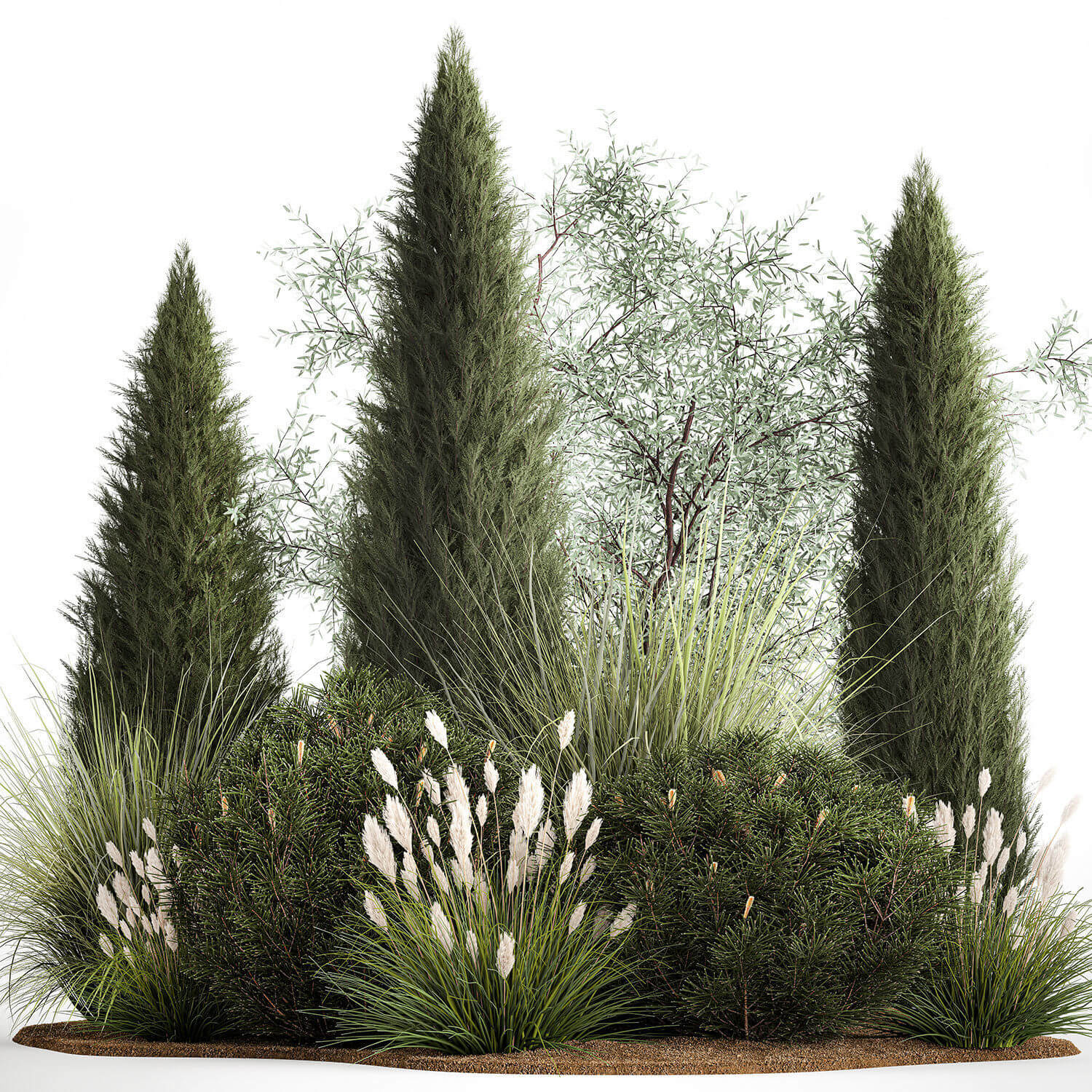 包含云杉 侧柏 羽毛草 圆松的绿植景观 园林景观 花园景观3D模型（FBX,MAX）