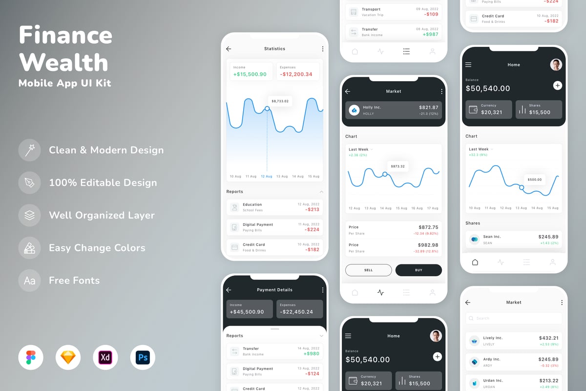 金融与财富移动应用 APP UI KIT (SKETCH,FIG,XD,PSD)