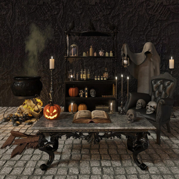 包含骷髅头 南瓜灯的室内万圣节装饰组合3D模型（OBJ,FBX,MAX）
