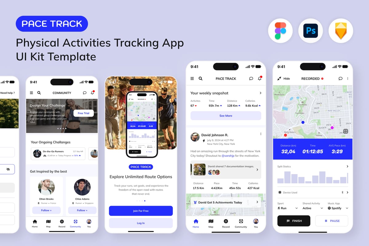 跑步步行运动配速追踪器移动应用 APP UI KIT (FIG,PSD,SKETCH)