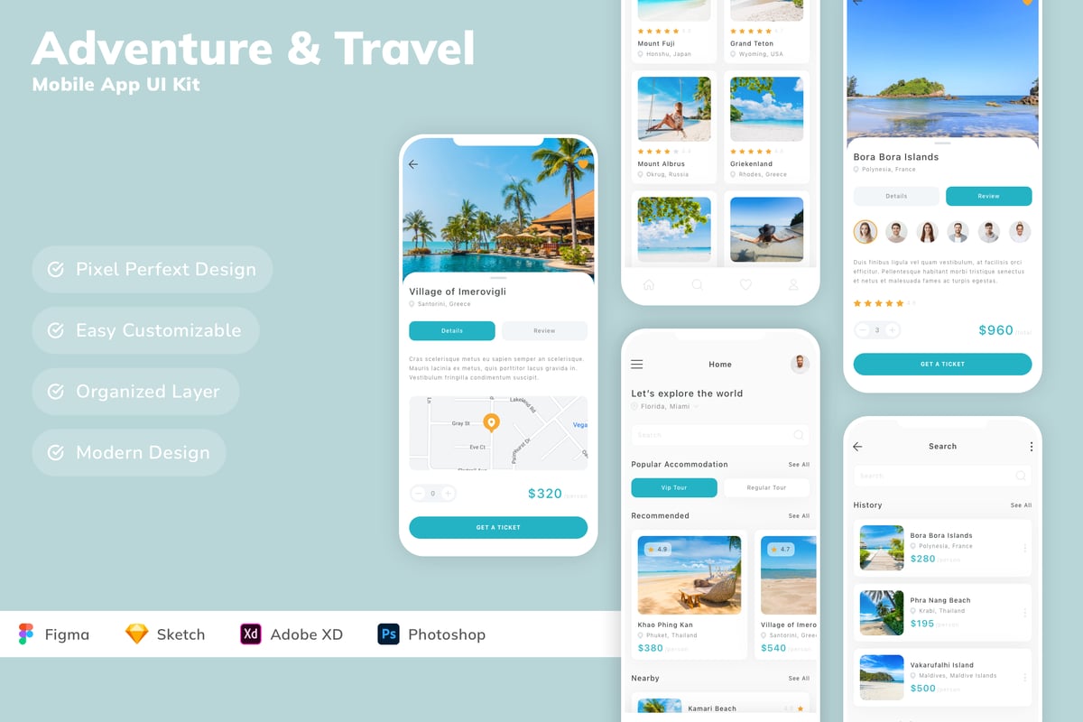 冒险和旅行移动应用 APP UI KIT (SKETCH,FIG,XD,PSD)