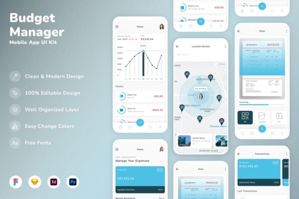 预算管理器移动应用程序 UI 套件 APP UI KIT (SKETCH,FIG,XD,PSD)