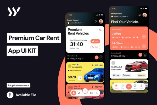 高级汽车租赁 – 主页 APP UI KIT (FIG)