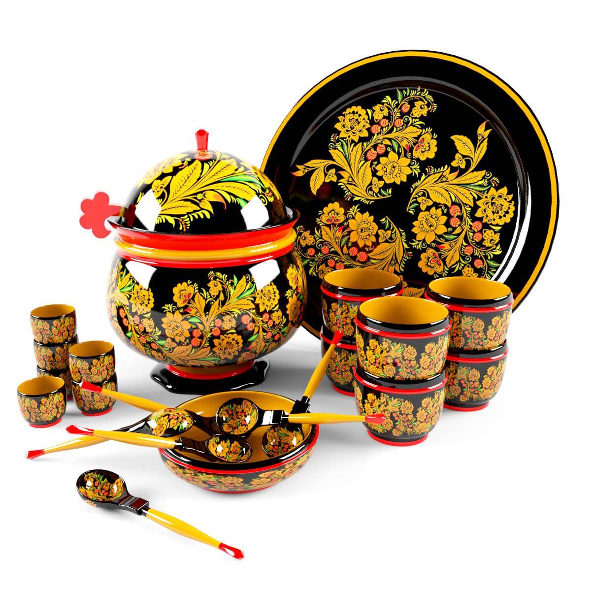 Khokhloma水壶 盘碗 杯子 勺子等系列餐具3D模型（FBX,MAX）