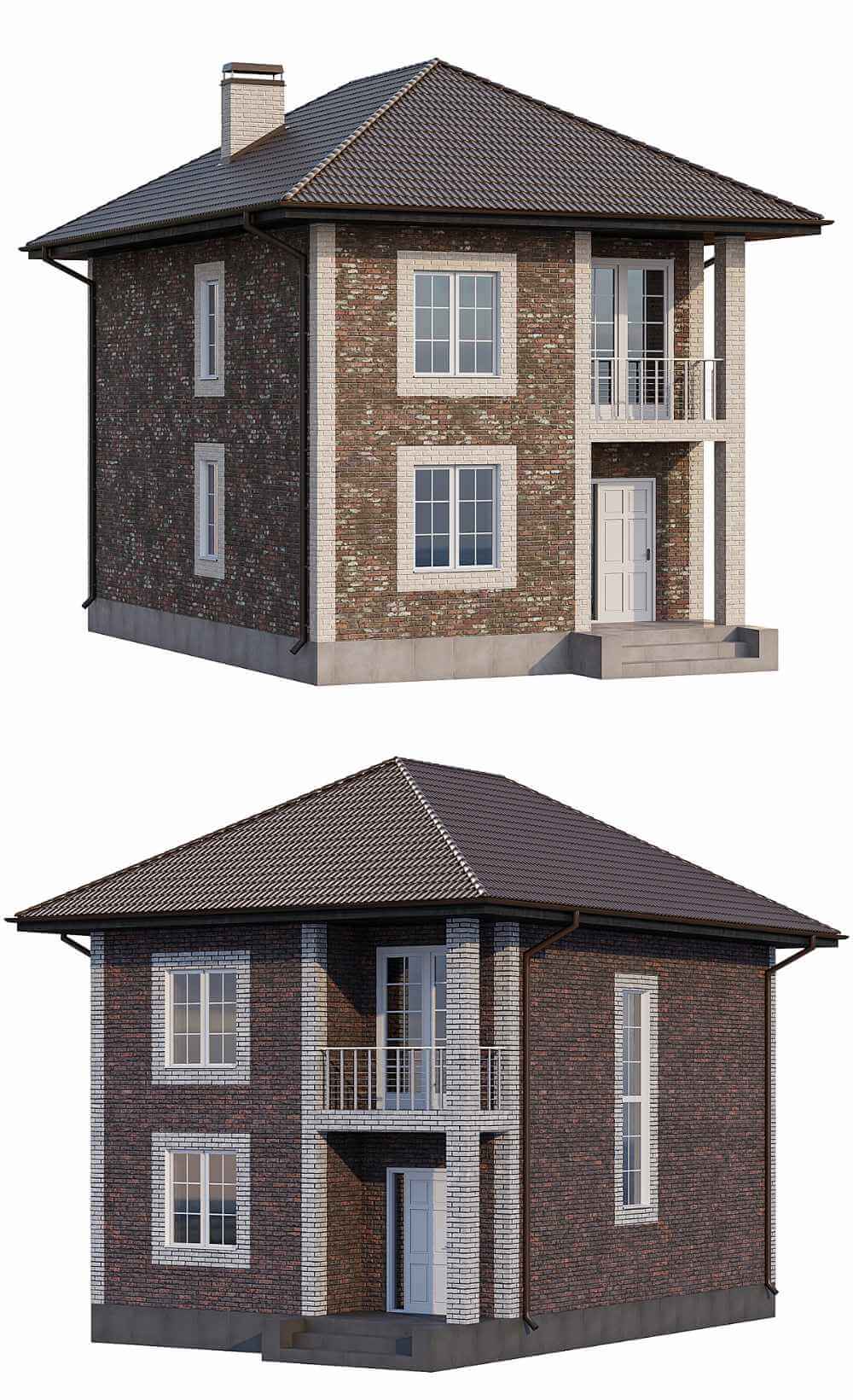 带门廊和阳台的两层房屋 住宅 建筑3D模型（FBX,MAX）