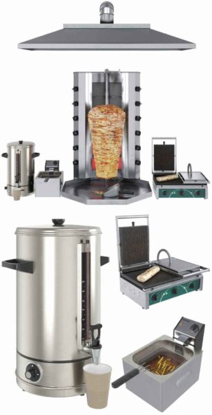 包含Shawarma机 烤架 油烟机 炸锅和热水壶的Shawarma店厨房设备3D模型（FBX,MAX）